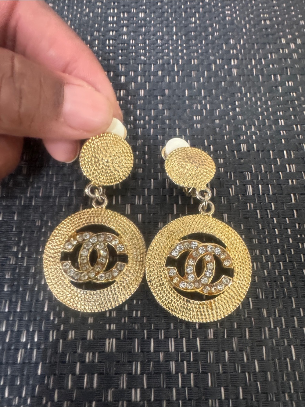 CHANEL Gold Crystal CC Drop Disc Earrings(Vintage)